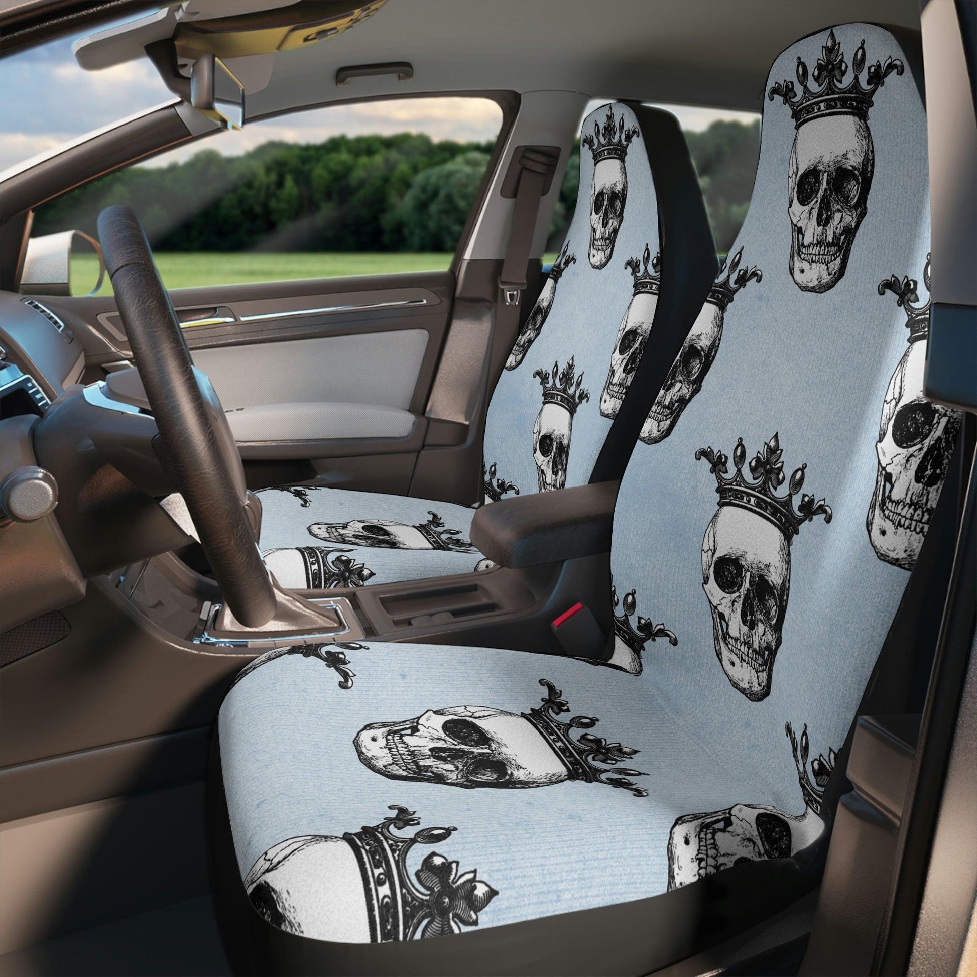 Crowned Skulls Blue Goth Glam Car Seat Covers | lovevisionkarma.com