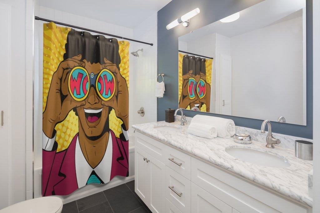 "Wow" Binoculars Man Comic Pop Art Funny Shower Curtain | lovevisionkarma.com