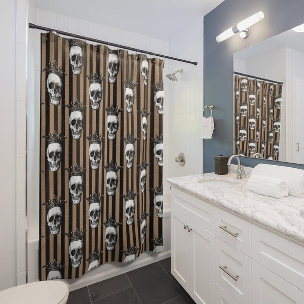 Crowned Skulls Halloween And Glam Goth, Tan and Black Striped Shower Curtain | lovevisionkarma.com