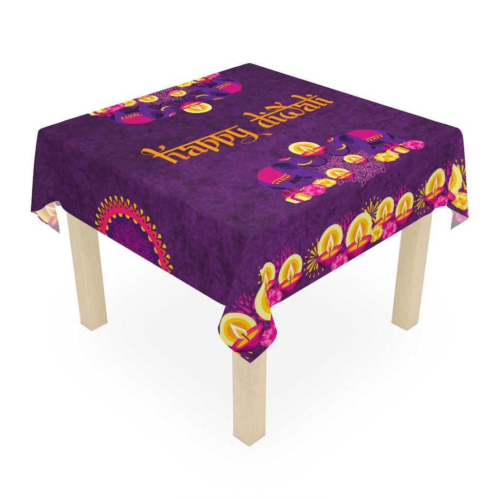 Diwali Home Decor, Diyas & Elephants Purple Tablecloth | lovevisionkarma.com