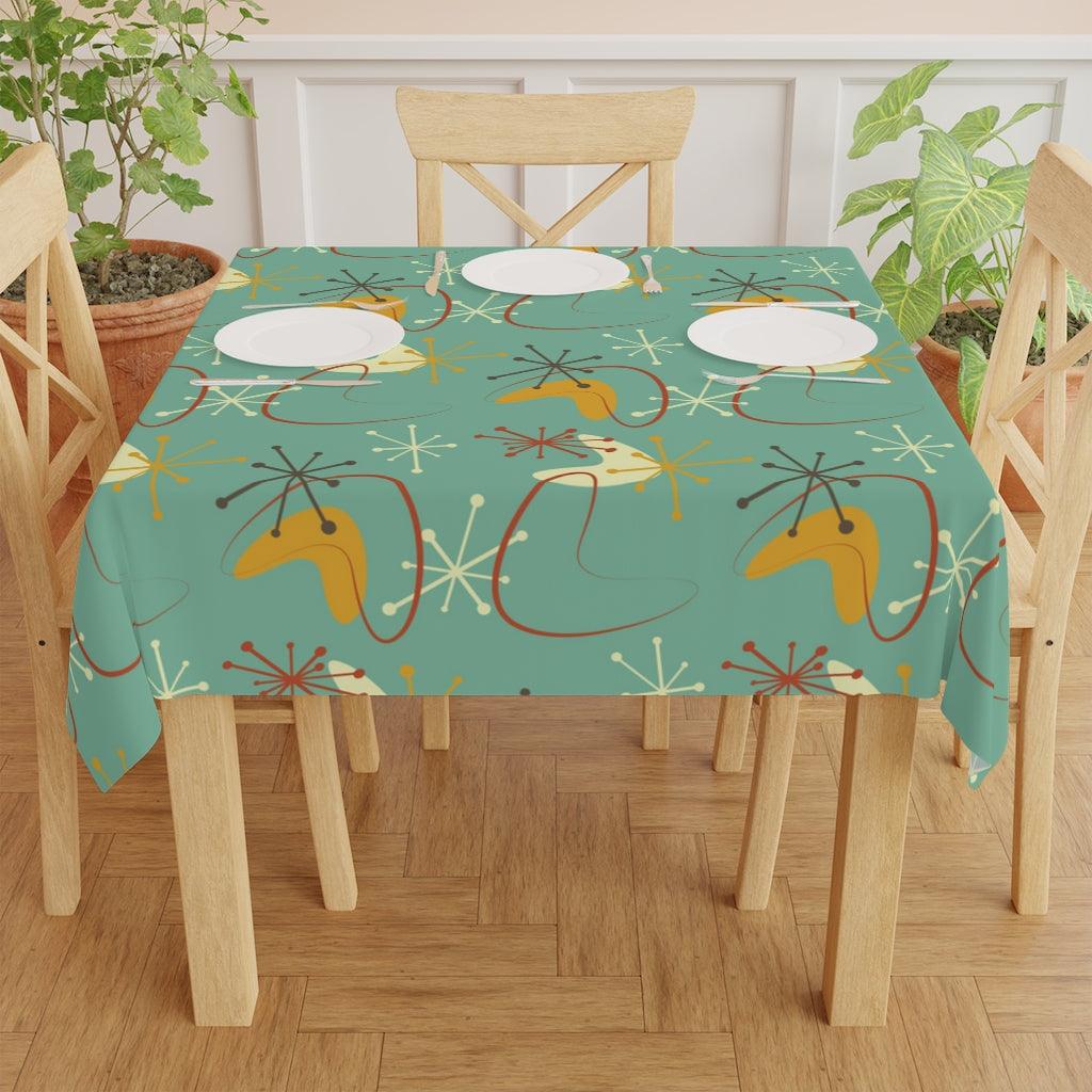 Retro Atomic Boomerang and Burst Teal and Mustard MCM Tablecloth | lovevisionkarma.com