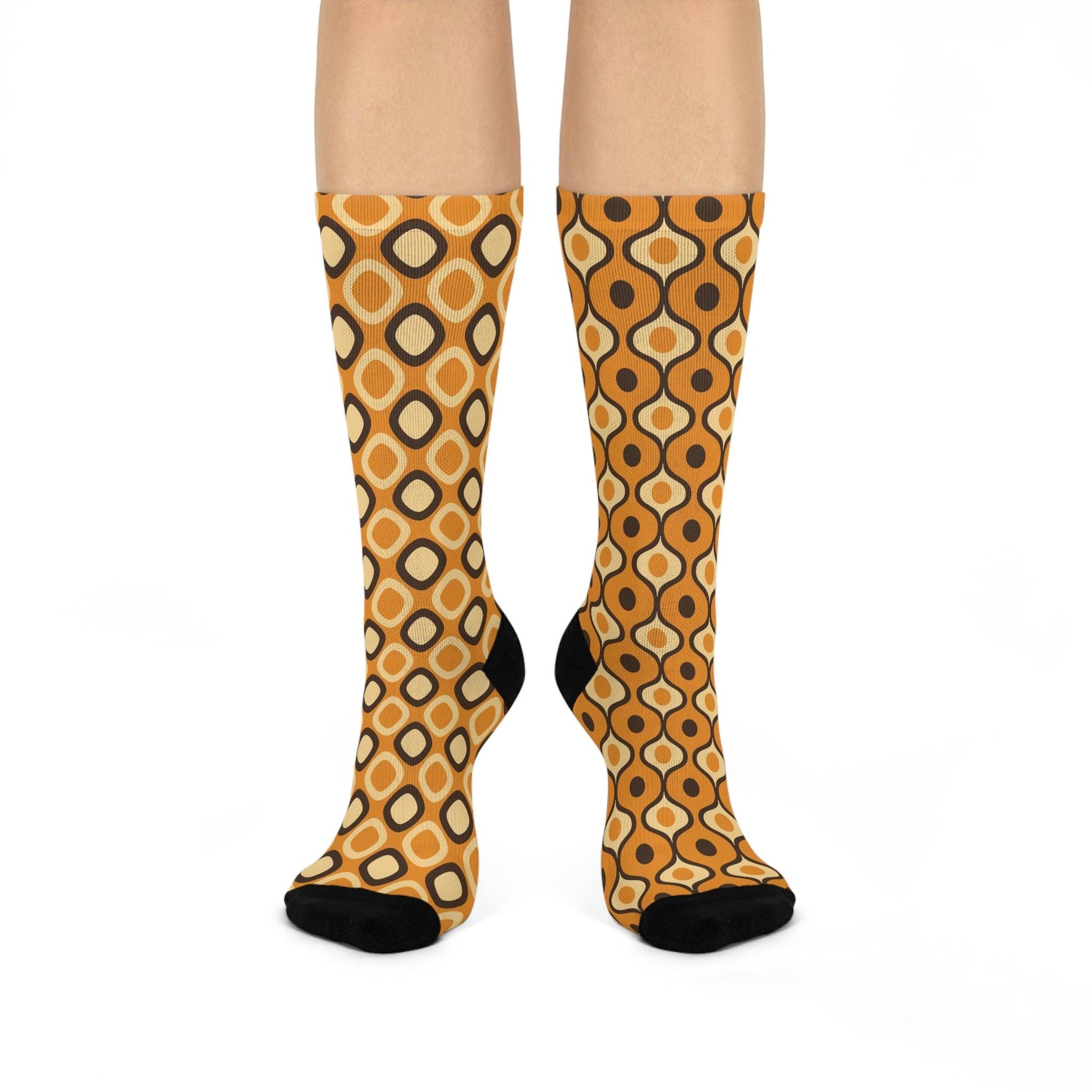 Funky Mismatched Retro MCM Mustard Cushioned Unisex Crew Socks | lovevisionkarma.com