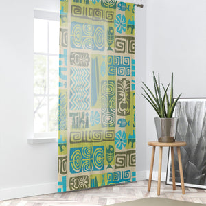 Retro 60's Tiki MCM Green and Blue Sheer Window Curtain | lovevisionkarma.com