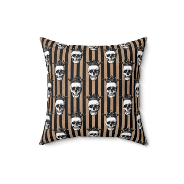 Crowned Skulls Halloween and Glam Goth Skull Home Decor, Tan and Black Stripe Pillow | lovevisionkarma.com