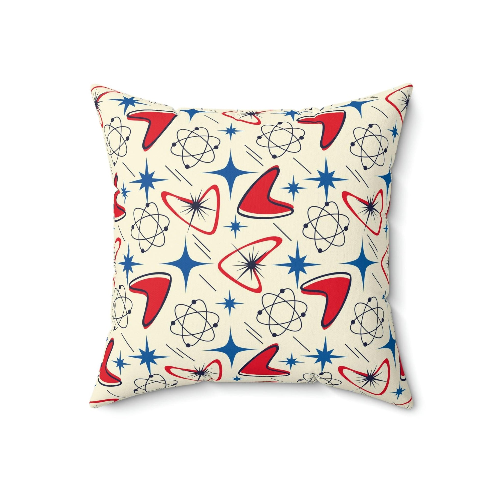 Retro 50s Atomic Boomerangs and Space Age Starburst Red, Blue and Cream MCM Throw Pillow | lovevisionkarma.com