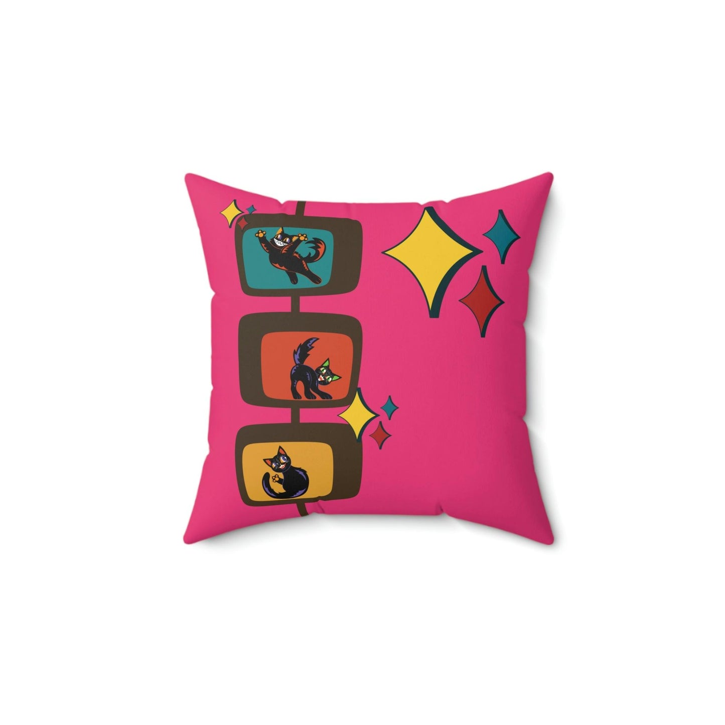 Retro Kitsch Cats Mid Century Atomic Burst Pink Pillow | lovevisionkarma.com