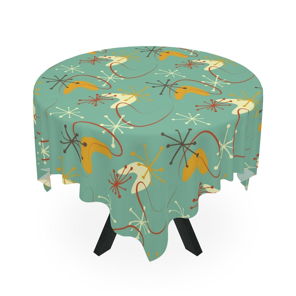 Retro Atomic Boomerang and Burst Teal and Mustard MCM Tablecloth | lovevisionkarma.com