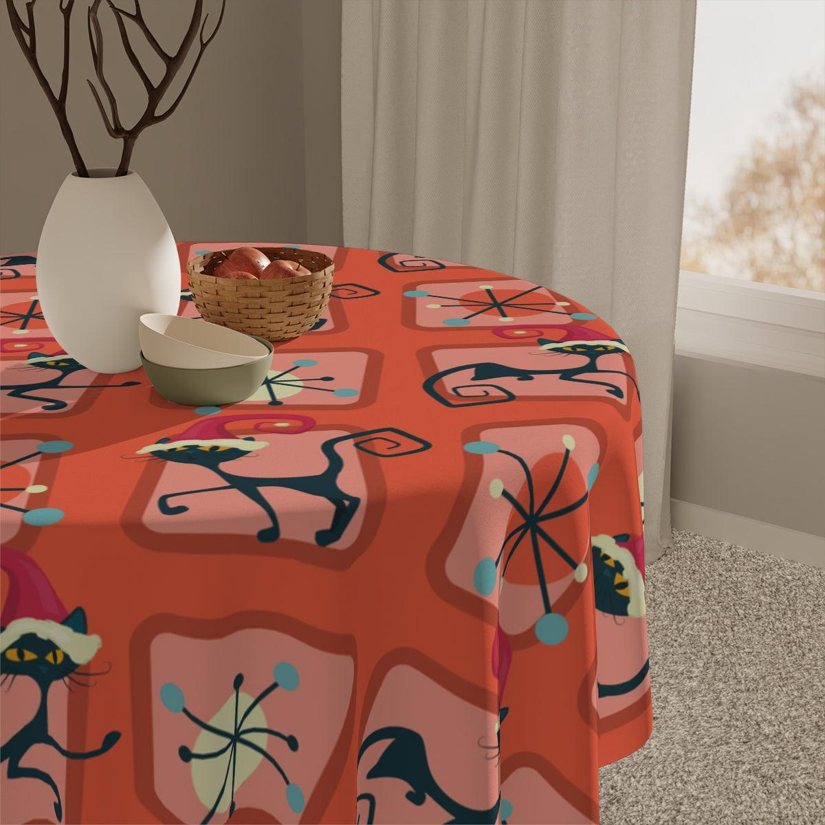 Atomic Christmas Cat Mid Century Mod Festive Red Tablecloth | lovevisionkarma.com