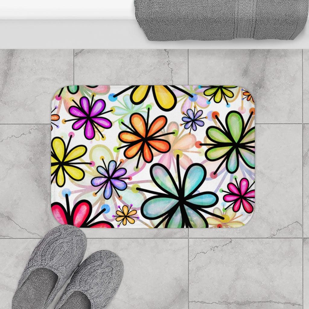 Groovy Flower Doodle Watercolor Style Colorful Bath Mat | lovevisionkarma.com