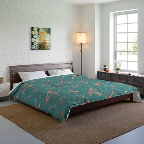 Atomic Age Boomerang and Starbursts Teal & Pink MCM Comforter | lovevisionkarma.com
