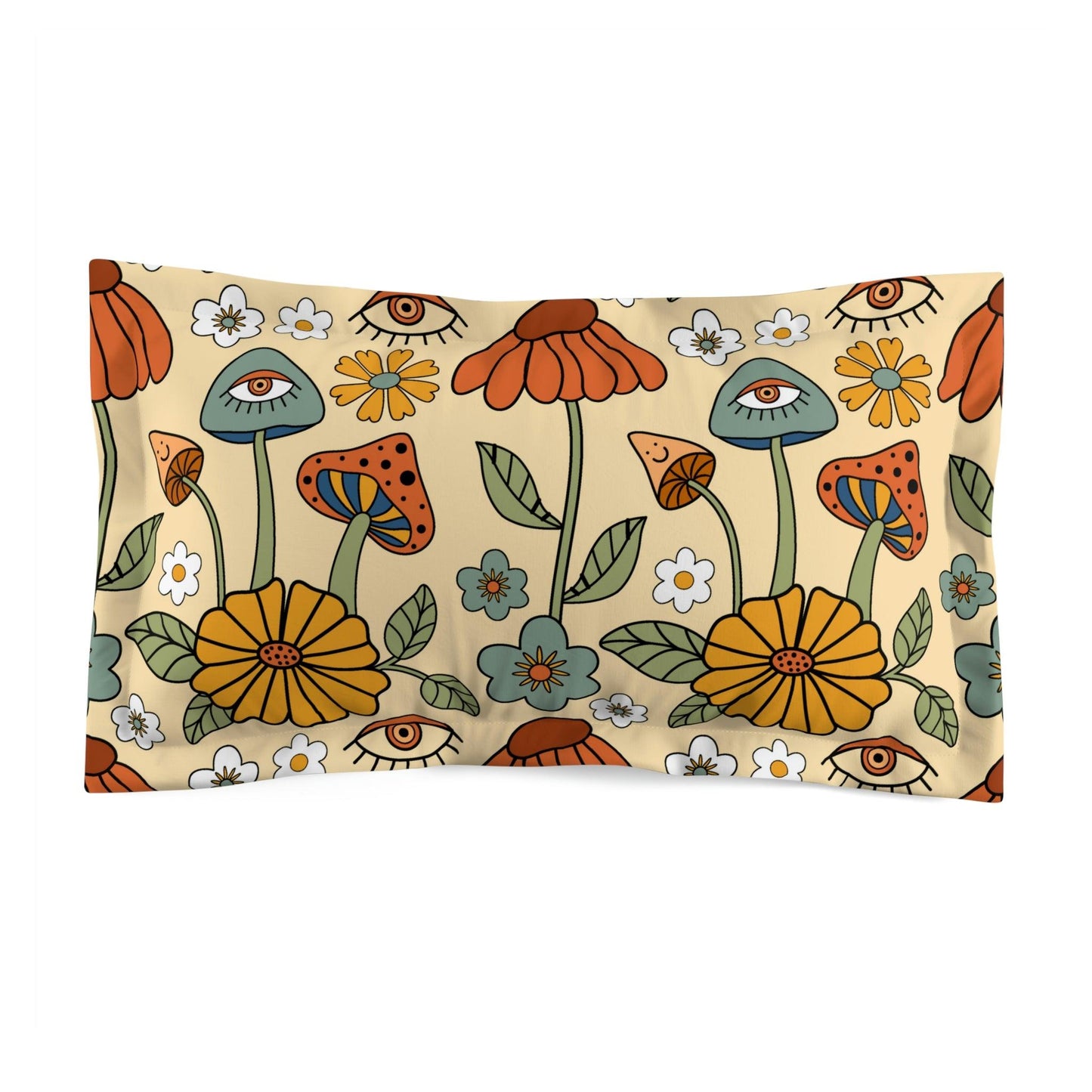 Boho Trippy Mushroom & Flowers Hippie Cottagecore MCM Pillow Sham | lovevisionkarma.com