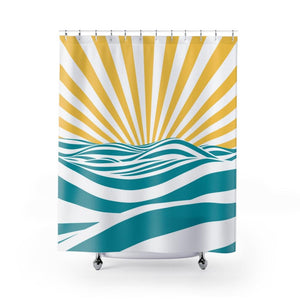Minimalist Boho Sunrise Yellow, White & Blue MCM Shower Curtain | lovevisionkarma.com
