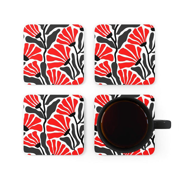 Groovy Abstract Flowers Retro MCM Red, Black & White Coaster Set | lovevisionkarma.com