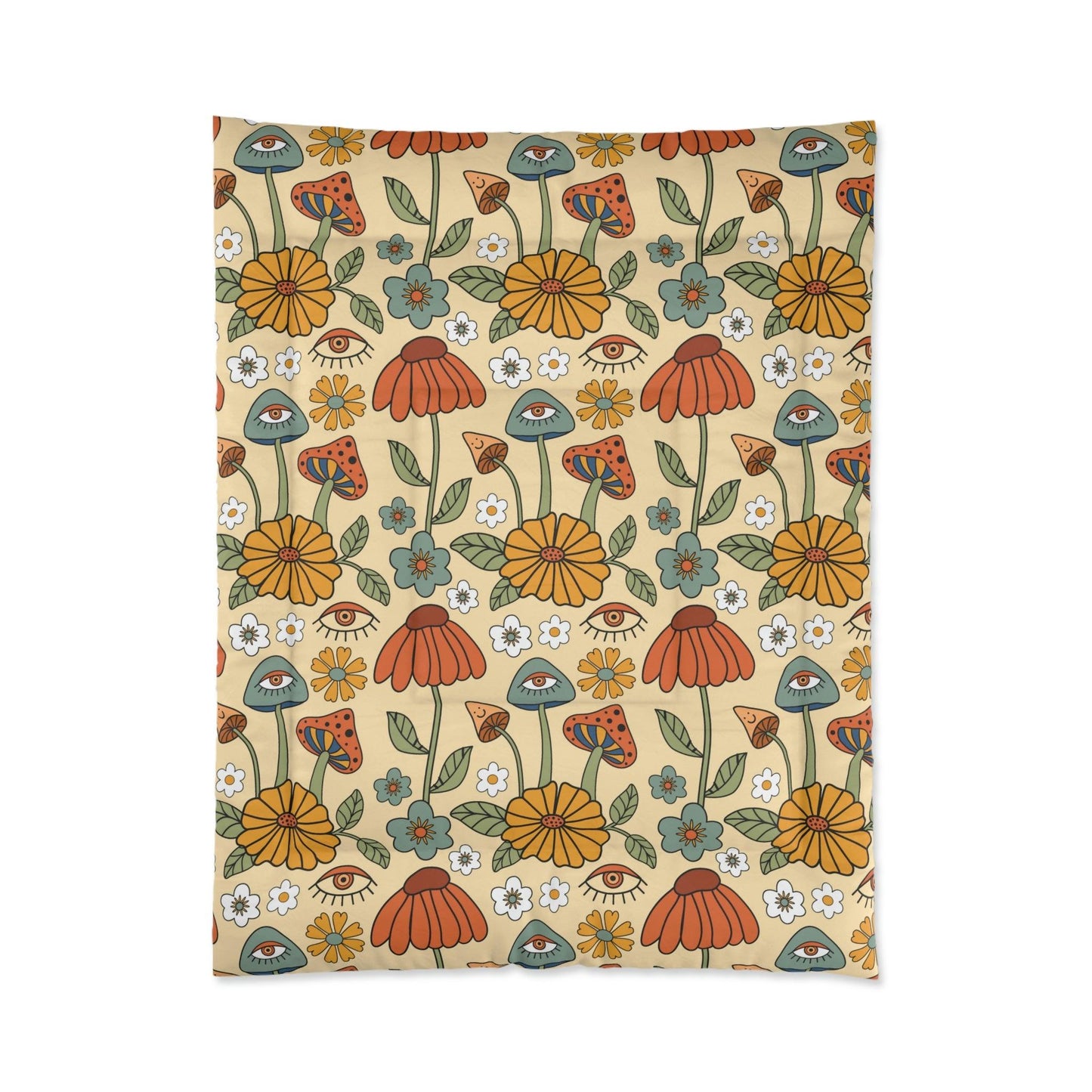 Boho Trippy Mushroom & Flowers Hippie Cottagecore MCM Comforter | lovevisionkarma.com