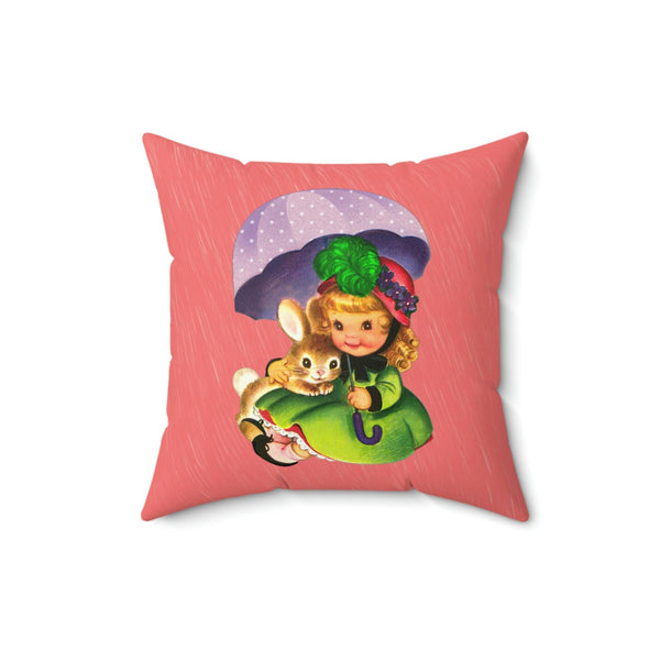 Vintage Easter, Girl with Bunny Kitschy Cute Coral MCM Throw Pillow | lovevisionkarma.com