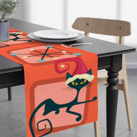 Christmas Cat Mid Century Mod Table Runner, Red Retro Table Linens | lovevisionkarma.com
