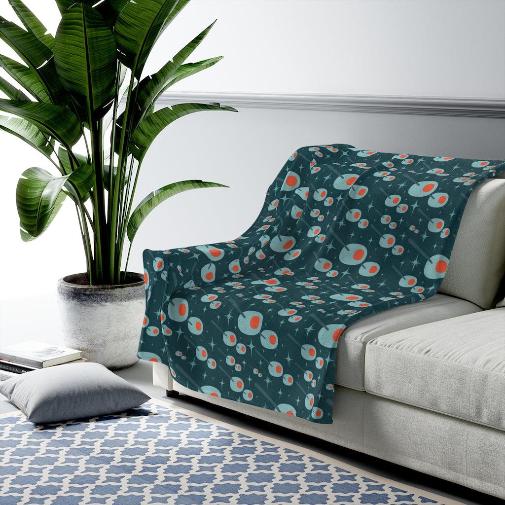 Retro 50's Atomic Martini Olives MCM Blue Velveteen Lightweight Blanket | lovevisionkarma.com