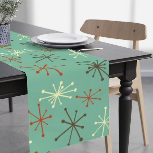 Mid Century Modern Table Runner, Atomic Starbursts Blue Retro Table Linens | lovevisionkarma.com