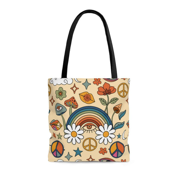 Retro Trippy Mushroom, Eye & Rainbow Hippie Tote Bag | lovevisionkarma.com