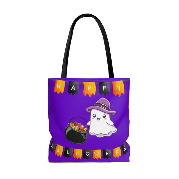 Cute Ghost Trick or Treating, Halloween Purple Tote Bag | lovevisionkarma.com