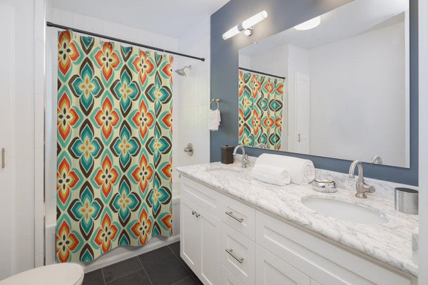 Retro 60s Flowers Mid Century Blue & Orange Shower Curtain | lovevisionkarma.com