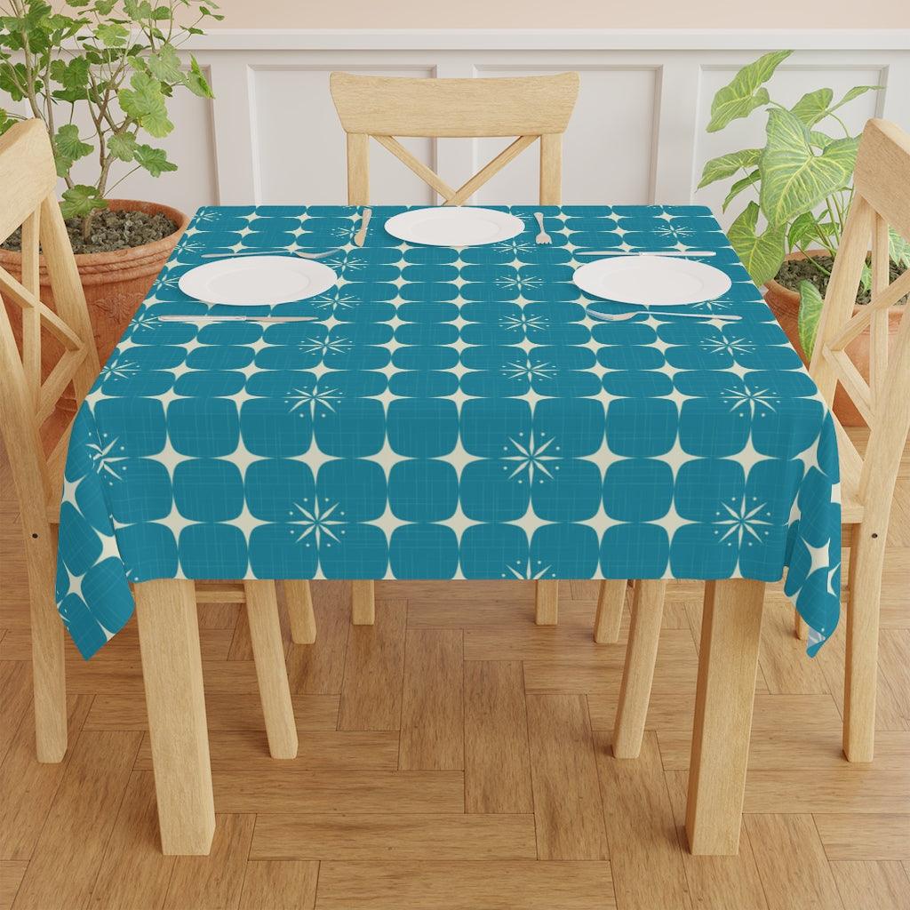Mid Century Modern Burst Geometric Blue Tablecloth | lovevisionkarma.com