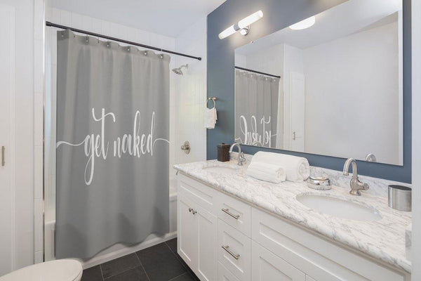 "Get Naked" Grey Funny Modern Minimalist Shower Curtain | lovevisionkarma.com