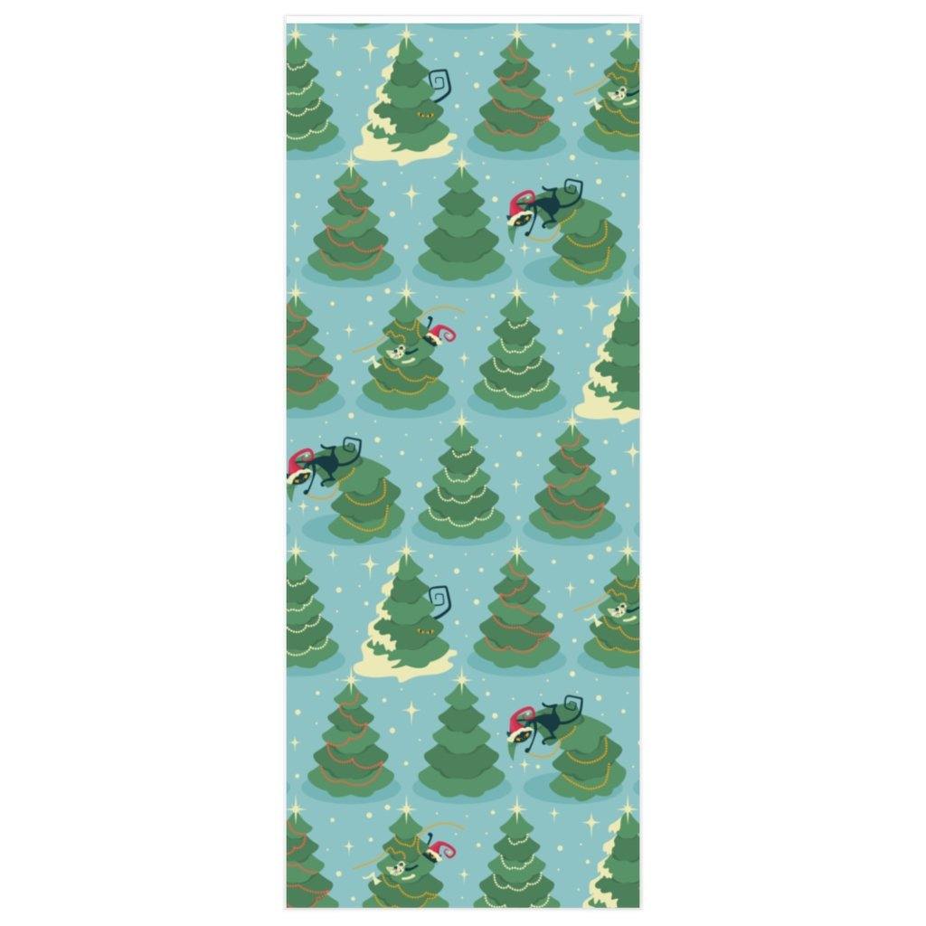 Christmas Atomic Cat & X-mas Tree Blue & Green Gift Wrapping Paper | lovevisionkarma.com