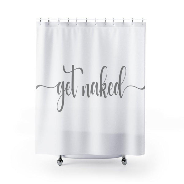 "Get Naked" White Funny Modern Minimalist Shower Curtain | lovevisionkarma.com