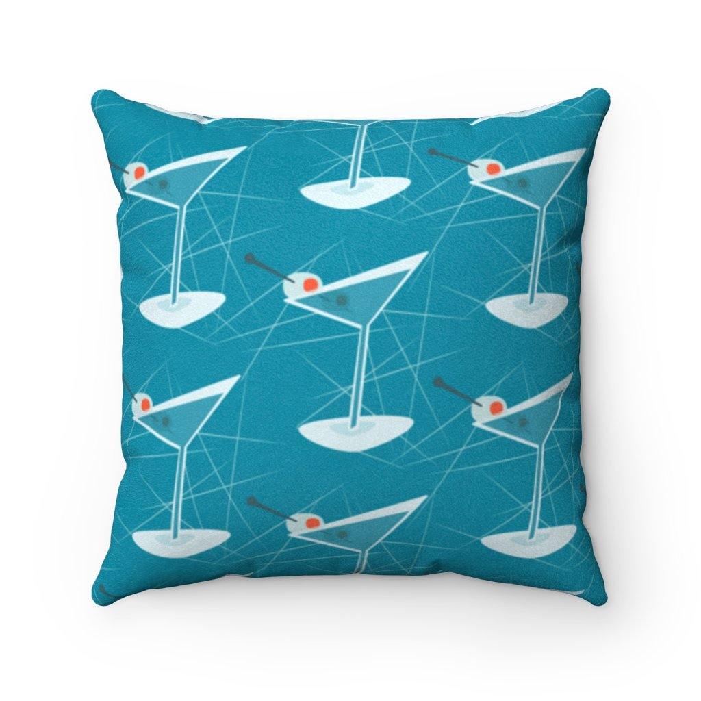 Mid Century Modern Atomic Martinis Blue Throw Pillow | lovevisionkarma.com