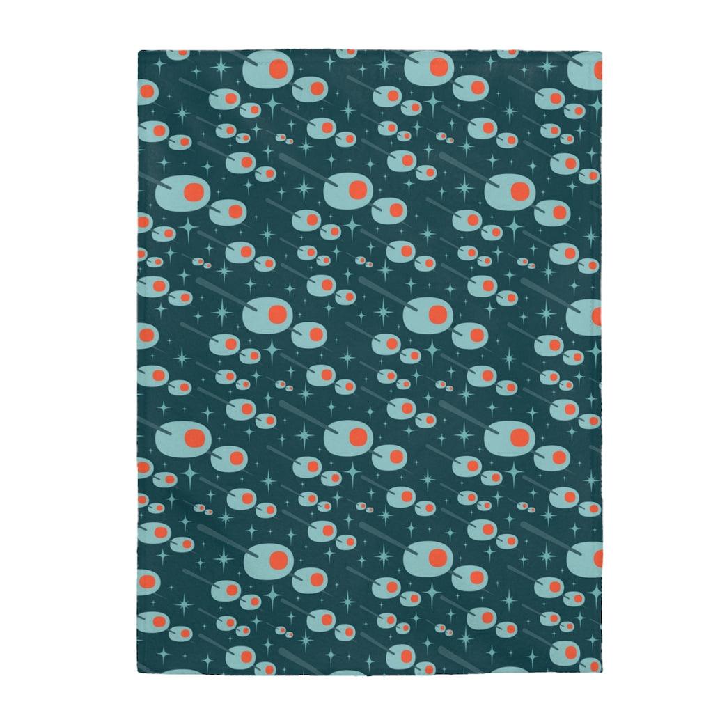 Retro 50's Atomic Martini Olives MCM Blue Velveteen Lightweight Blanket | lovevisionkarma.com