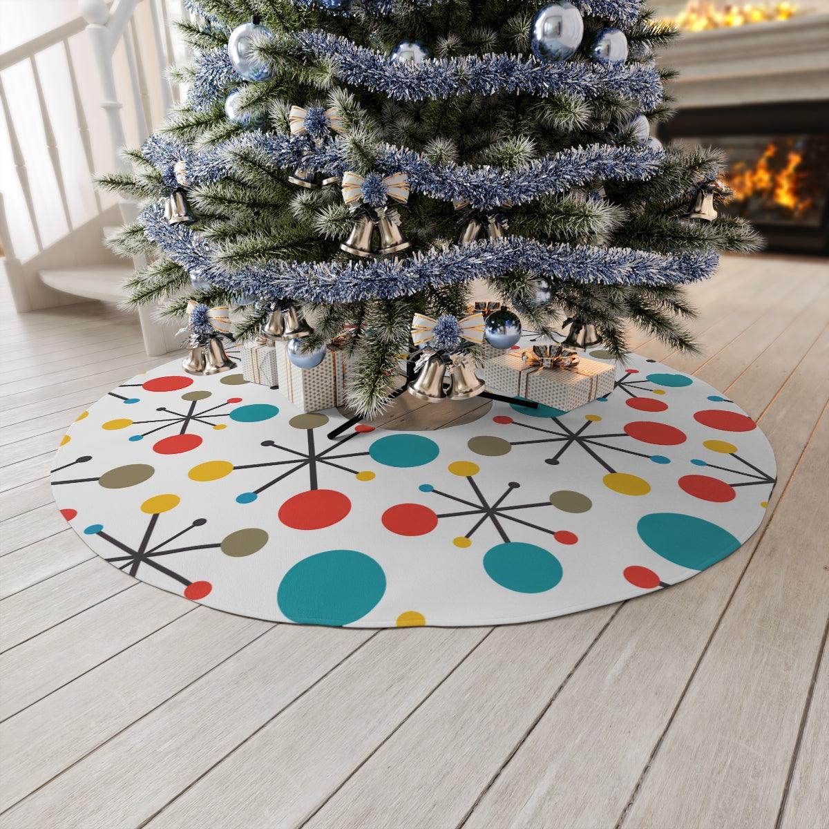 Retro Atomic Burst Mid Century Christmas White with Multicolors Tree Skirt | lovevisionkarma.com