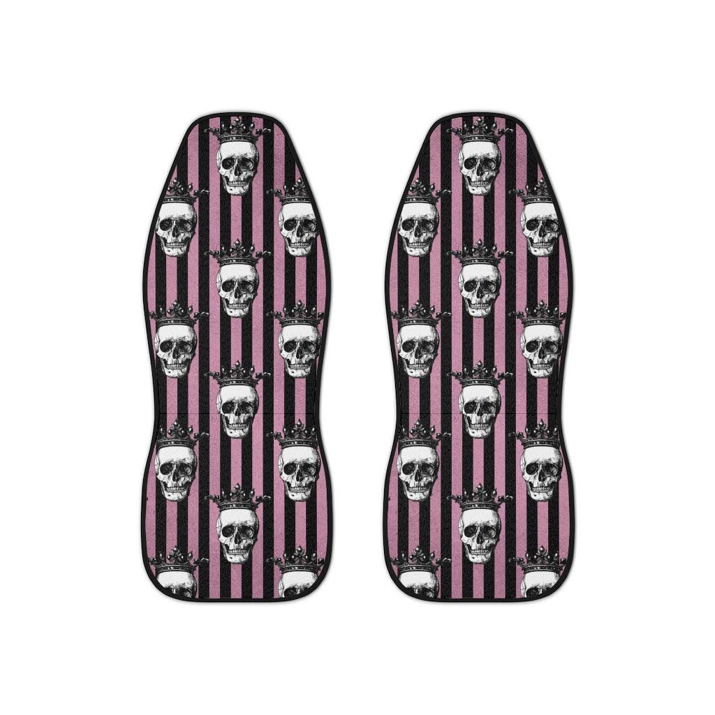 Skulls with Crowns Glam Goth Pink & Black Striped Car Seat Covers | lovevisionkarma.com