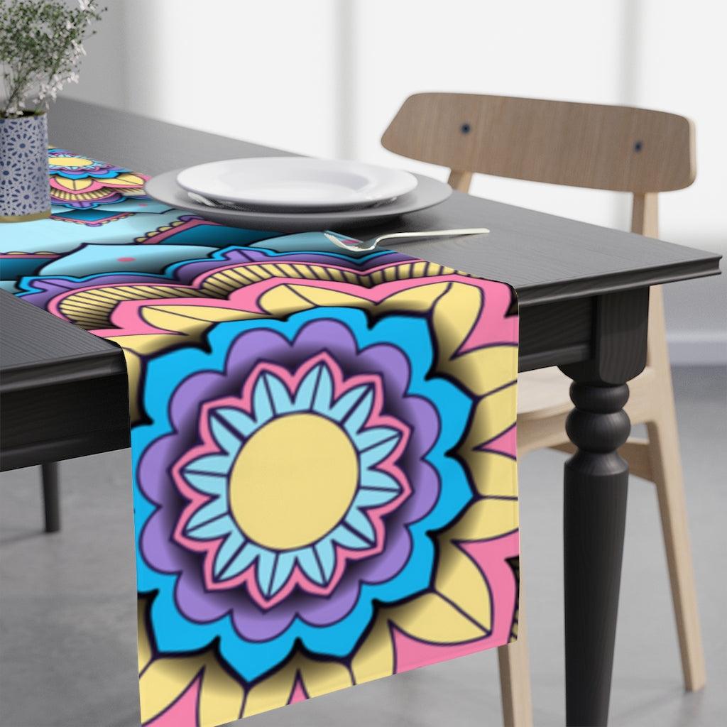 Boho Mandalas Colorful Light Blue Table Runner, Diwali Home Decor | lovevisionkarma.com