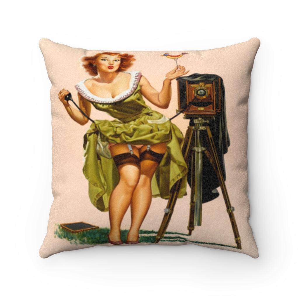 Retro 1950's Photographer Pin Up Girl Pillow | lovevisionkarma.com