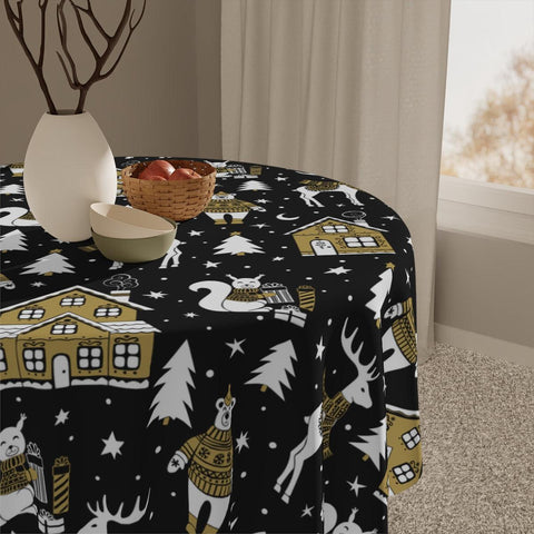 Scandinavian Inspired Nordic Winter Scene Black, Beige and White Christmas Tablecloth | lovevisionkarma.com