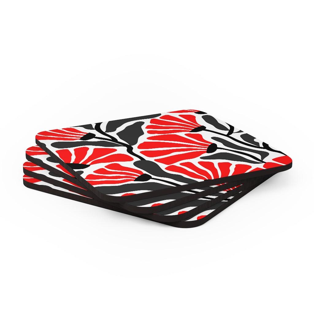 Groovy Abstract Flowers Retro MCM Red, Black & White Coaster Set | lovevisionkarma.com