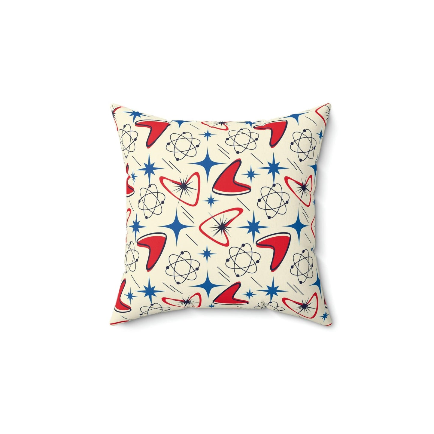 Retro 50s Atomic Boomerangs and Space Age Starburst Red, Blue and Cream MCM Throw Pillow | lovevisionkarma.com