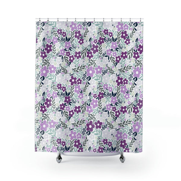 Retro Floral Minimalist Mid Century Purple Shower Curtain | lovevisionkarma.com