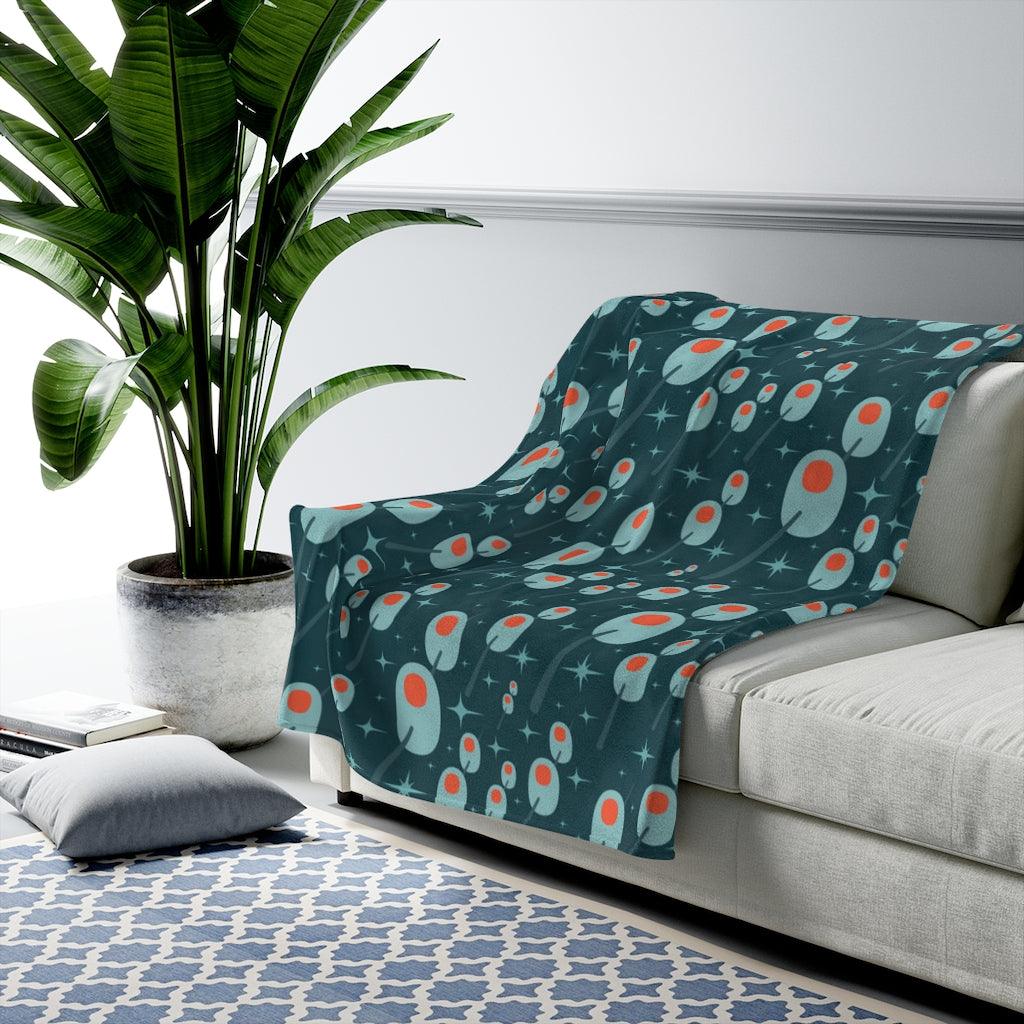 Retro 50's Atomic Martini Olives MCM Blue Velveteen Lightweight Blanket | lovevisionkarma.com