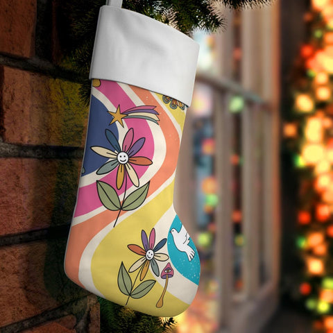 Groovy Hippie Flowers, Boho Mushrooms & Rainbows Christmas Stocking | lovevisionkarma.com