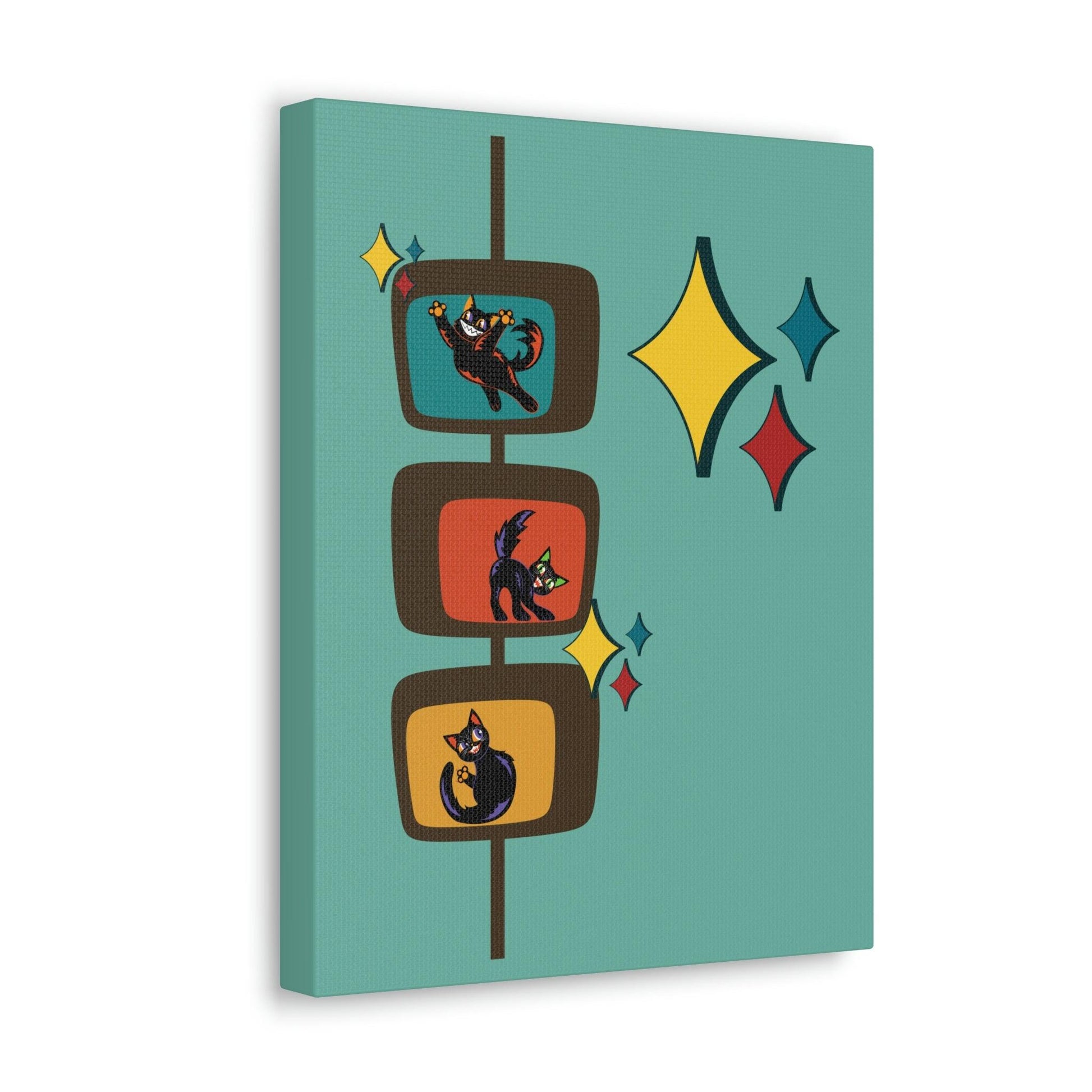 Kitschy Atomic Cats and Bursts Retro Mid Century Blue Canvas Gallery Wrap | lovevisionkarma.com