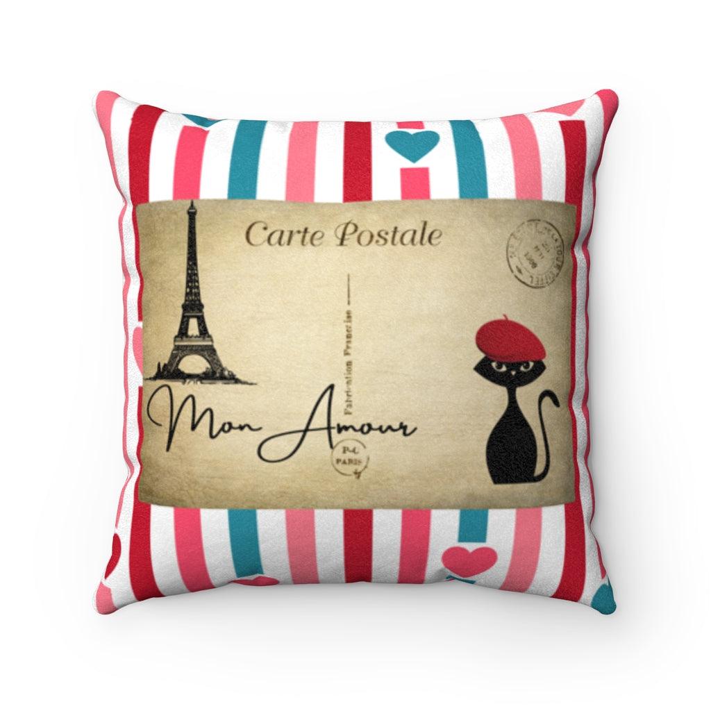 Atomic Cat Postcard from Paris Amour Multicolor MCM Valentine Pillow | lovevisionkarma.com