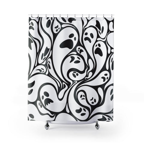 Spooky Ghosts Swirling, Halloween Black & White Shower Curtain | lovevisionkarma.com