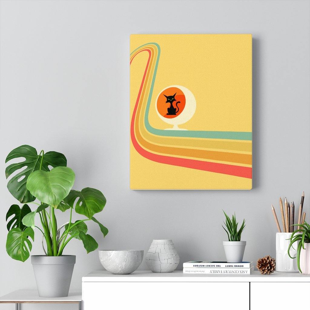 Atomic Retro 60's Black Cat in Ball Chair Yellow Canvas Gallery Wrap | lovevisionkarma.com