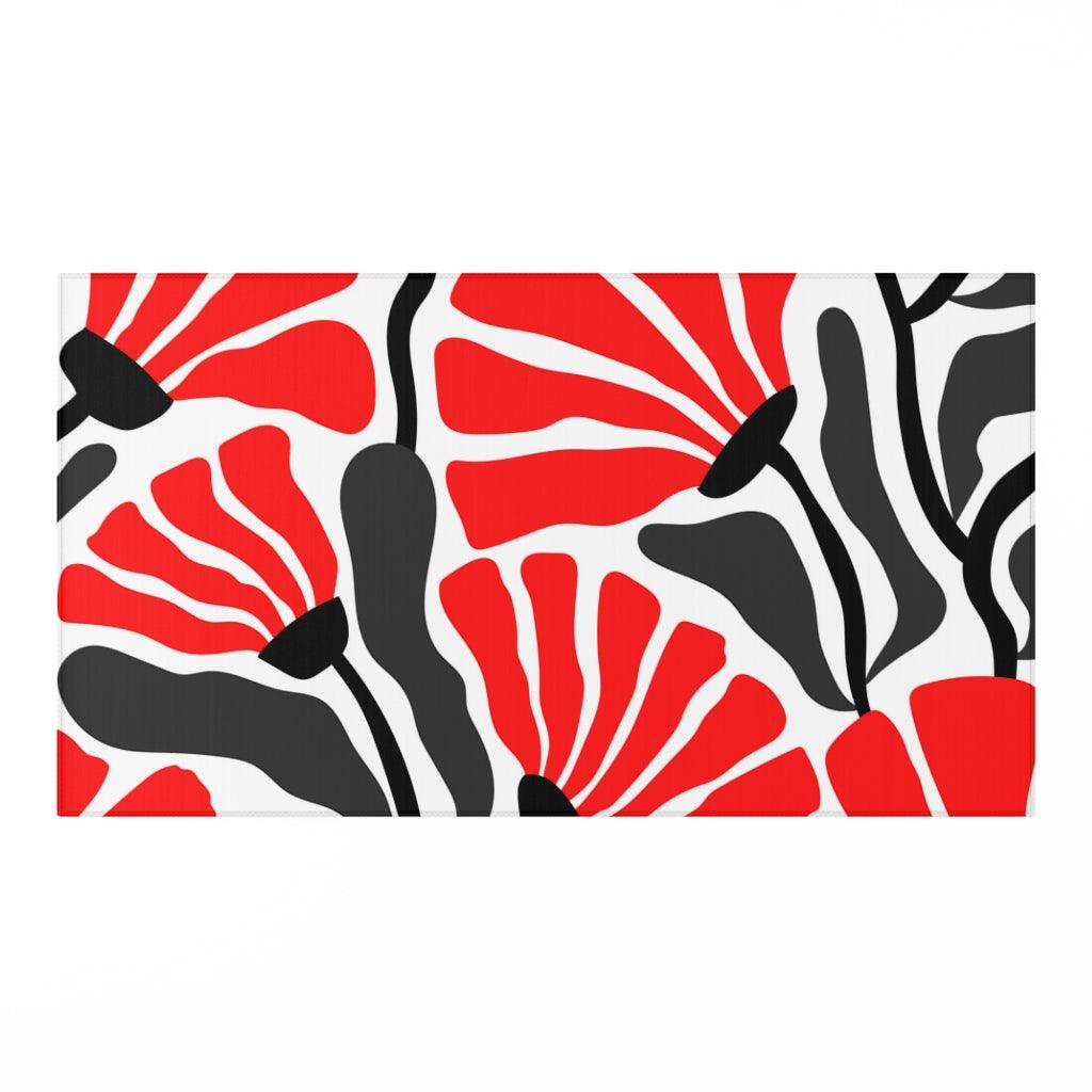 Groovy Abstract Flowers Retro MCM Red, Black and White Anti-Slip Rug | lovevisionkarma.com
