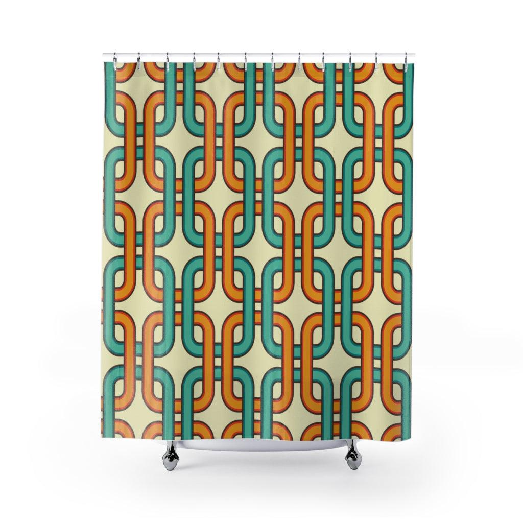 Retro 60's Links Mid Century Blue & Orange Shower Curtain | lovevisionkarma.com