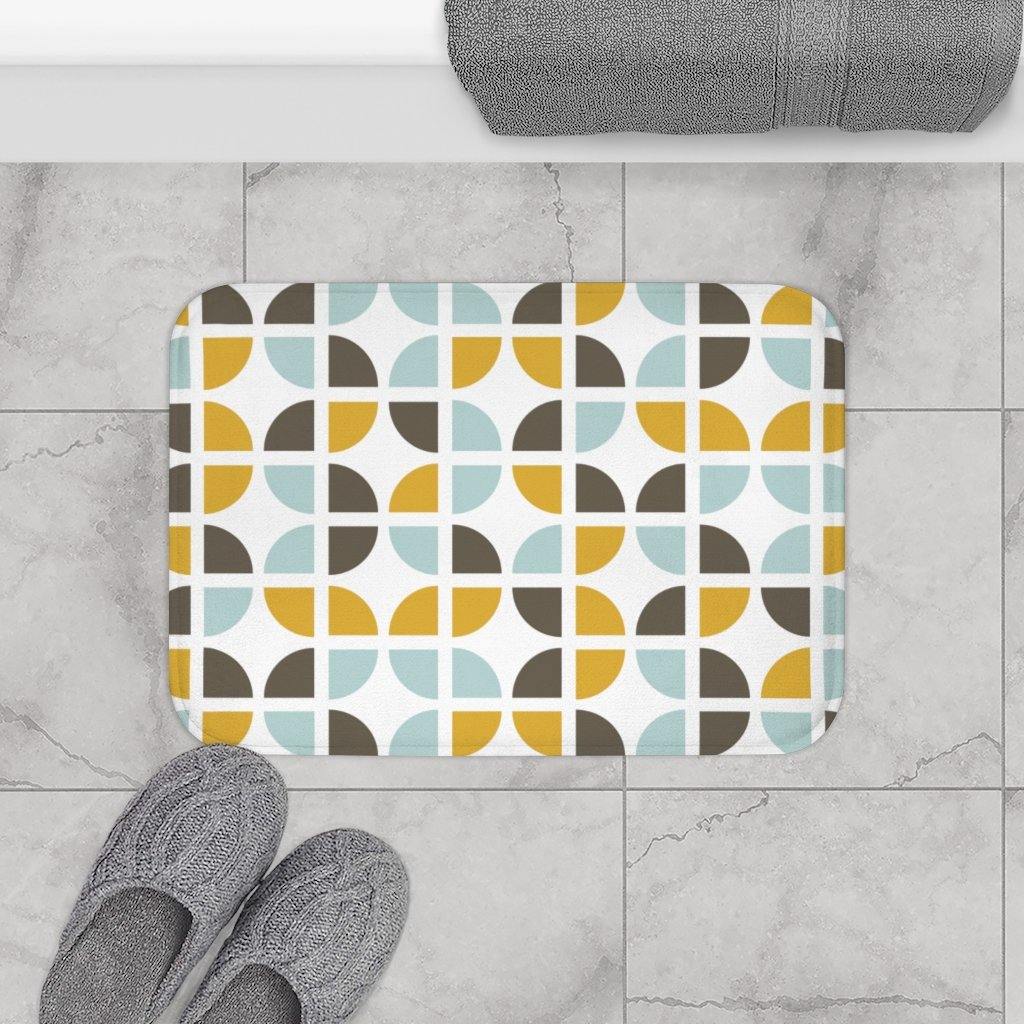 Geometric Retro Mid Century Blue & Brown Bath Mat | lovevisionkarma.com