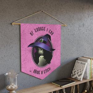 "Drive a Stick" Glam Witch Halloween Witchcore Pink & Purple Wall Pennant | lovevisionkarma.com