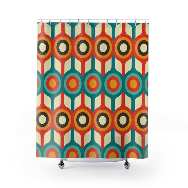 Retro 50s 60s Mid Century Circles Blue & Orange Shower Curtain | lovevisionkarma.com